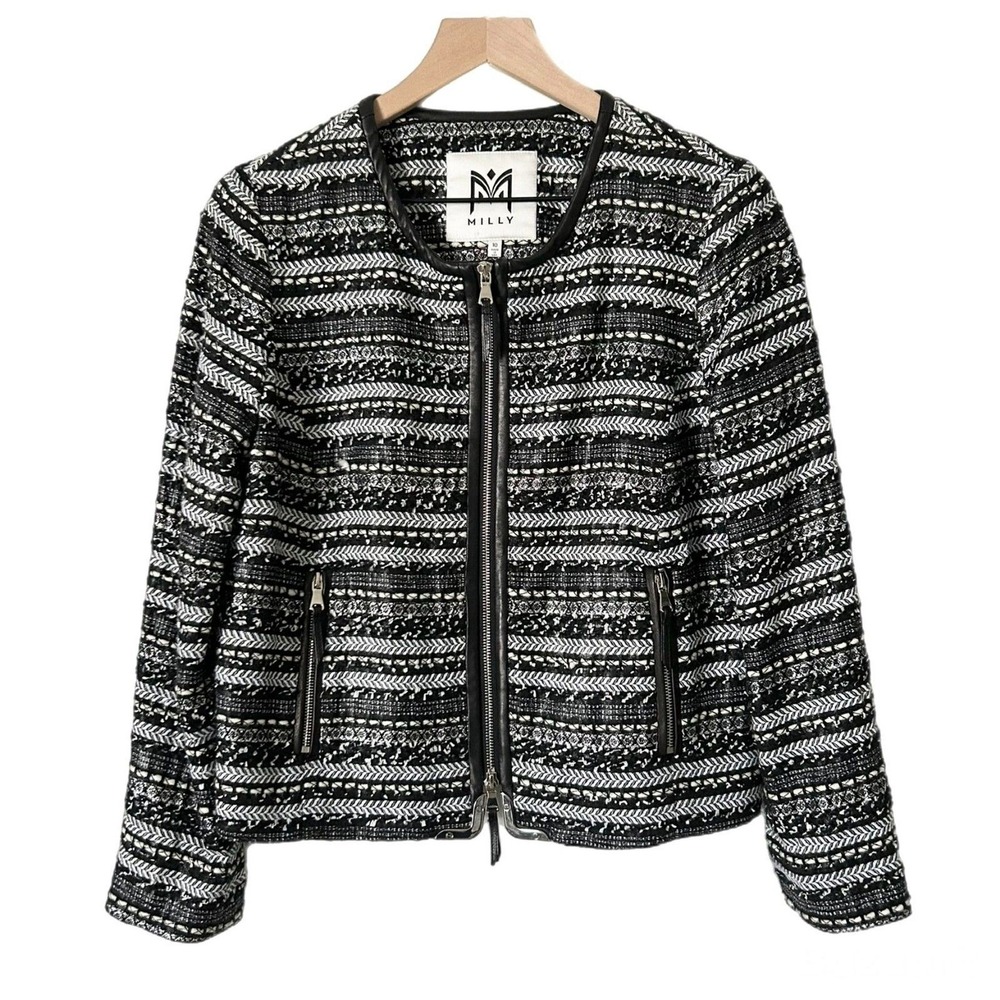 Milly Avery Black White Textured Tweed Leather Trim Jacket Blazer Moto Size 10 - Picture 2 of 9